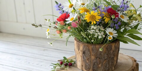 Freshly cut wildflowers in a rustic wooden vase, flowers, natural, bouquet, nature