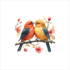 Watercolor lovebirds couple on a branch clipart. love Birds and heart watercolor illustration.