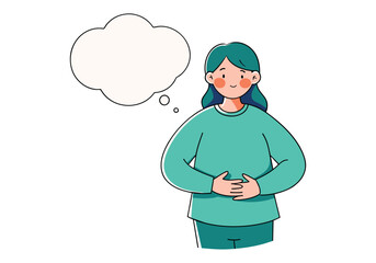 A woman holds her stomach and says or thinks about something. Hand drawn style vector design illustrations.
