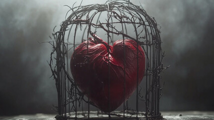 A human heart caged inside a cold, metallic box, vines growing over it, depression illustration, mental health concept