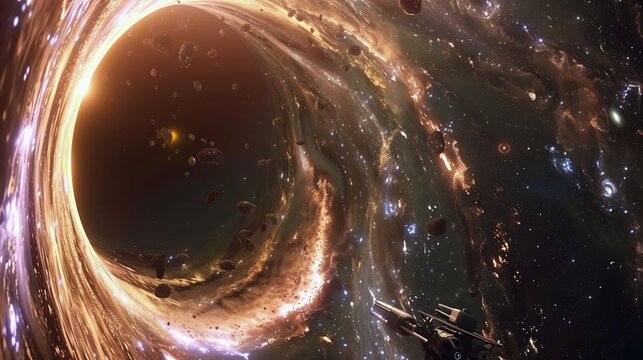 Space explorers flying space near the core of a distant galaxy observing the massive black hole at its center The interstellar travelers study the effects of its immense gravity