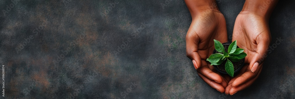 Poster two hands are carefully cradling a small green seedling, illustrating a moment of nurturing and conn