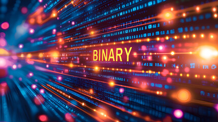 Futuristic Binary Code Technology Concept with Neon Lights and Data Flow Visualization