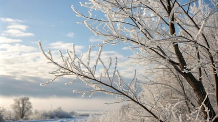 Fototapeta premium Frosty tree branches glistened in the morning light, as if adorned with a thousand tiny diamonds, frosty textures, frost and ice