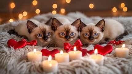 Three Siamese Kittens Cuddling on a Fuzzy Blanket with Candles and Hearts for Valentine's Day