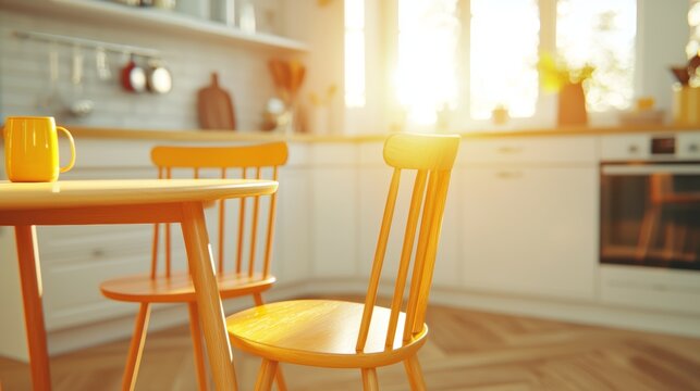 A cozy kitchen scene features a wooden table set with two inviting chairs and a steaming coffee mug, inviting warmth and conversation.