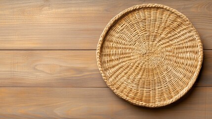 A round, woven basket resting on a wooden surface, showcasing intricate details and natural textures.