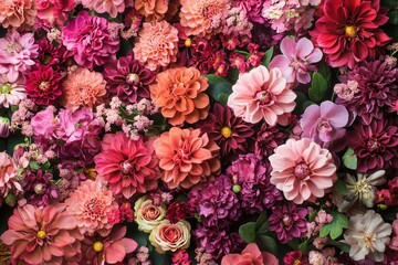 A vibrant floral background with various pink, orange, and red flowers.