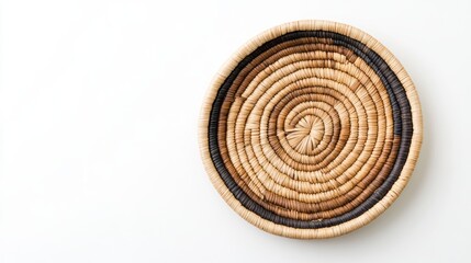 A circular woven basket with a textured design, featuring natural fibers in a spiral pattern, set against a plain background.