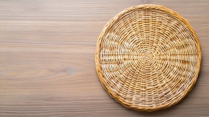 A round woven basket resting on a wooden surface, showcasing intricate patterns and natural materials.