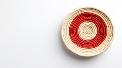 A handmade woven basket featuring a spiral design with red and natural tones, perfect for decorative or storage purposes.