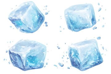 Obraz premium Four ice cubes with a glossy finish and scattered ice shards.