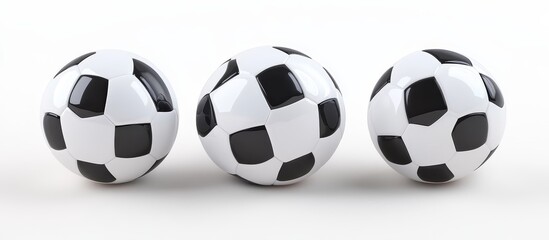 Three soccer balls in a row on a white background.