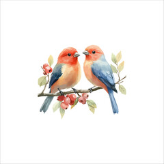 Watercolor lovebirds couple on a branch clipart. love Birds and heart watercolor illustration.
