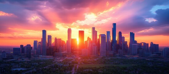 Fototapeta premium Cityscape with skyscrapers at sunset.