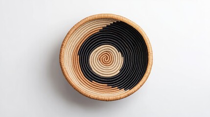 A beautifully crafted woven basket featuring a circular design with contrasting black and natural tones.