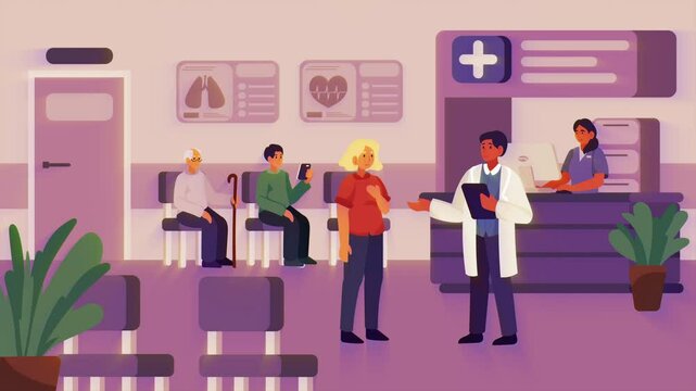 2d cartoon style animated illustration of hospital waiting hall. People sitting in chairs and waiting for doctor's appointment. Hospital, health care concepts. Loop animation in 4k.