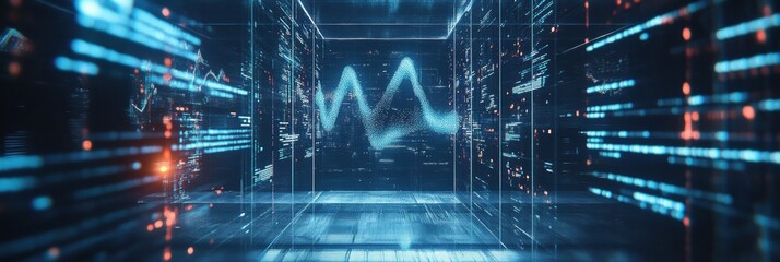 The visualization shows a complex digital interface illustrating DNA data, highlighting its significance in genetic research. Generative AI