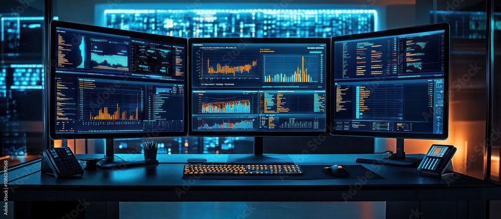 Wall mural three computer monitors with data and graphs on a dark desk with a keyboard, mouse, and phones.