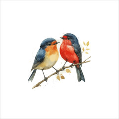 Watercolor lovebirds couple on a branch clipart. love Birds and heart watercolor illustration.