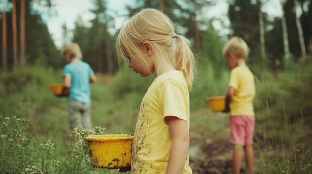A group of children collects litter in a forest, wearing casual clothing and focusing on their important environmental task - Powered by Adobe