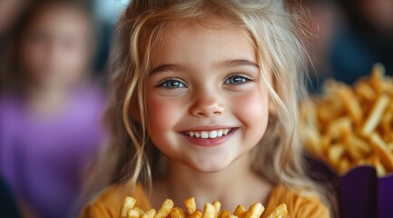 Naklejka premium Happy little girl with french fries.