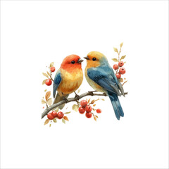 Watercolor lovebirds couple on a branch clipart. love Birds and heart watercolor illustration.