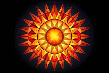A radiant, geometric sunburst design in shades of red, orange, and yellow against a dark background.
