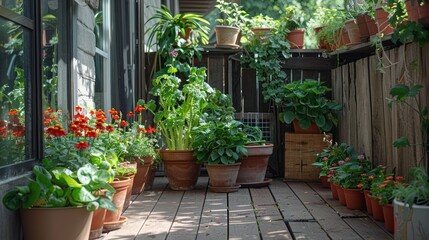 Fototapeta premium A variety of potted plants and flowers line a wooden deck on a sunny day.