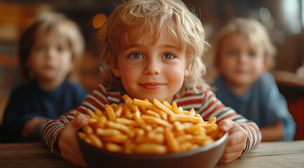 Happy toddler boy proudly presents a large bowl of golden french fries, flanked by two slightly blurred friends.
