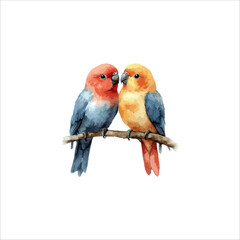 Watercolor lovebirds couple on a branch clipart. love Birds and heart watercolor illustration.