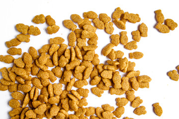 Scattered dry cat food isolated on white background