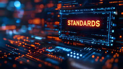 Futuristic Technology Network Background with Blue and Orange Circuits and Data Standards Visualization