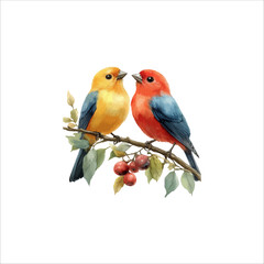 Watercolor lovebirds couple on a branch clipart. love Birds and heart watercolor illustration.