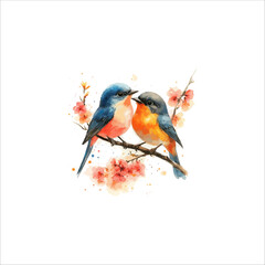 Watercolor lovebirds couple on a branch clipart. love Birds and heart watercolor illustration.