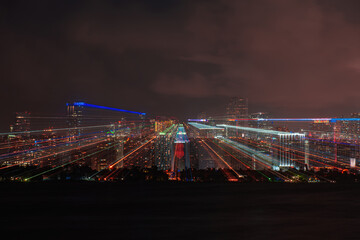 Skyline city miami lighting lights sea ocean sunset night cityscape buildings downtown,...