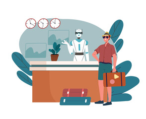 Robot receptionist in hotel. Artificial intelligence and machine learning. AI service in hostel. Travel and tourism, holiday and vacation. Flat vector illustration isolated on white background