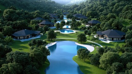 Fototapeta premium A serene resort landscape with water features and lush greenery.