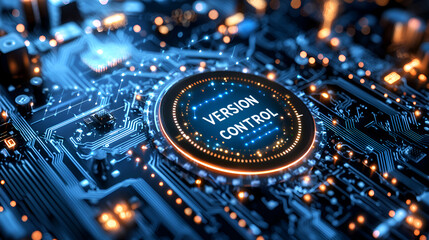 Fototapeta premium Futuristic Technology Background Featuring Circuit Board and Microprocessor for Software Development Version Control and Data Management