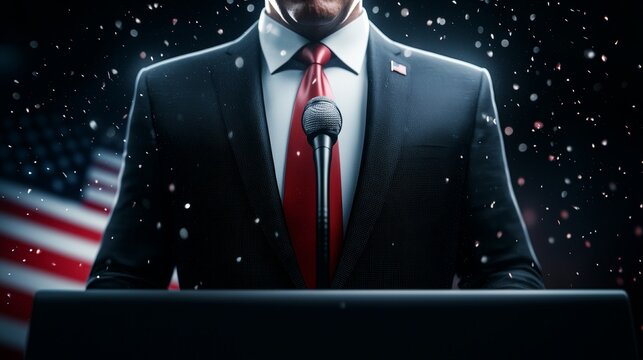 Focused presidential candidate at podium, intense eye contact, USA flag subtly waving behind, sharp details on suit, authoritative yet approachable expression