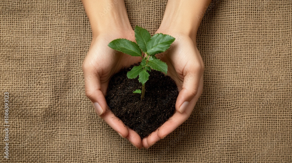 Poster Two hands cradle a small green seedling nestled in dark soil, set against a rustic burlap backdrop, symbolizing growth and nurturing. Generative AI