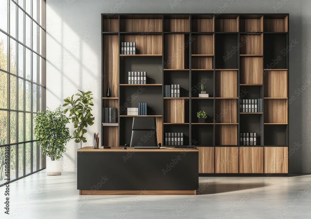 Aufkleber a modern office interior with a large wooden bookshelf, a desk with a computer, and a window with a 