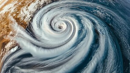 Aerial view of powerful hurricane swirling over the ocean with dramatic clouds and distinct eye formation during intense weather event