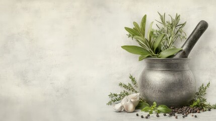 Mortar and pestle with fresh herbs garlic, a rustic culinary scene for natural remedies flavorful dishes