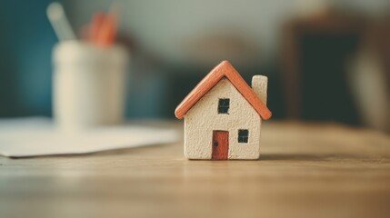 A small wooden house sits on a desk next to documents and stationery, symbolizing ideas for home and workspace organization