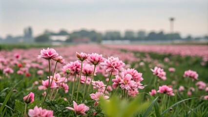 Obraz premium Pink flowers in a field with a blurry foreground and background of flowers, garden scene, lush green grass, soft pink petals