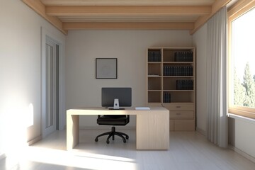Fototapeta premium Modern minimalist home office with wooden desk, chair, bookshelf and window with sunlight.