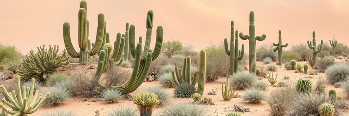 Saguaro cactus and ocotillo plants thriving amidst sandy terrain with cacti scattered around, cacti, desert flora, isolated landscape