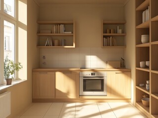Minimalist kitchen with wooden cabinets, shelves, and tiled floor. Sunlight streams through the window, casting shadows on the floor.