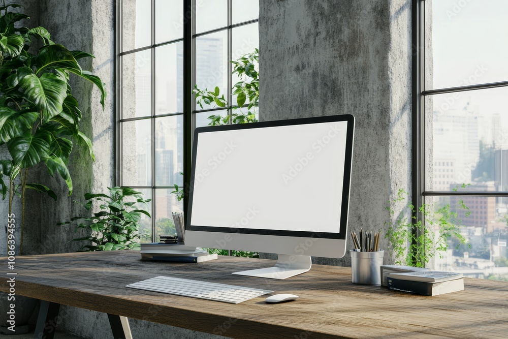 Poster modern workspace with blank computer screen on wooden desk with plants and city view.